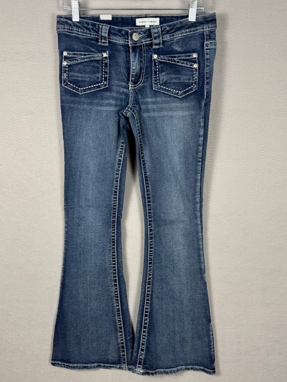 Almost Famous Womens 5 Blue Y2K Bootcut Embellished Jeans